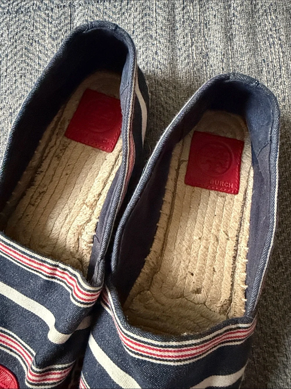 Tory Burch Red Blue White Stripe Cap Toe Colorblock Leather Espadrilles Size: 9